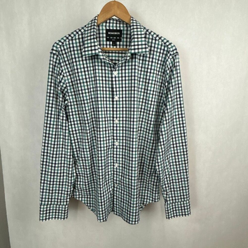 Bonobos Slim Fit Button Front Shirt Mens Sz Large Navy Blue Green White Plaid Lo